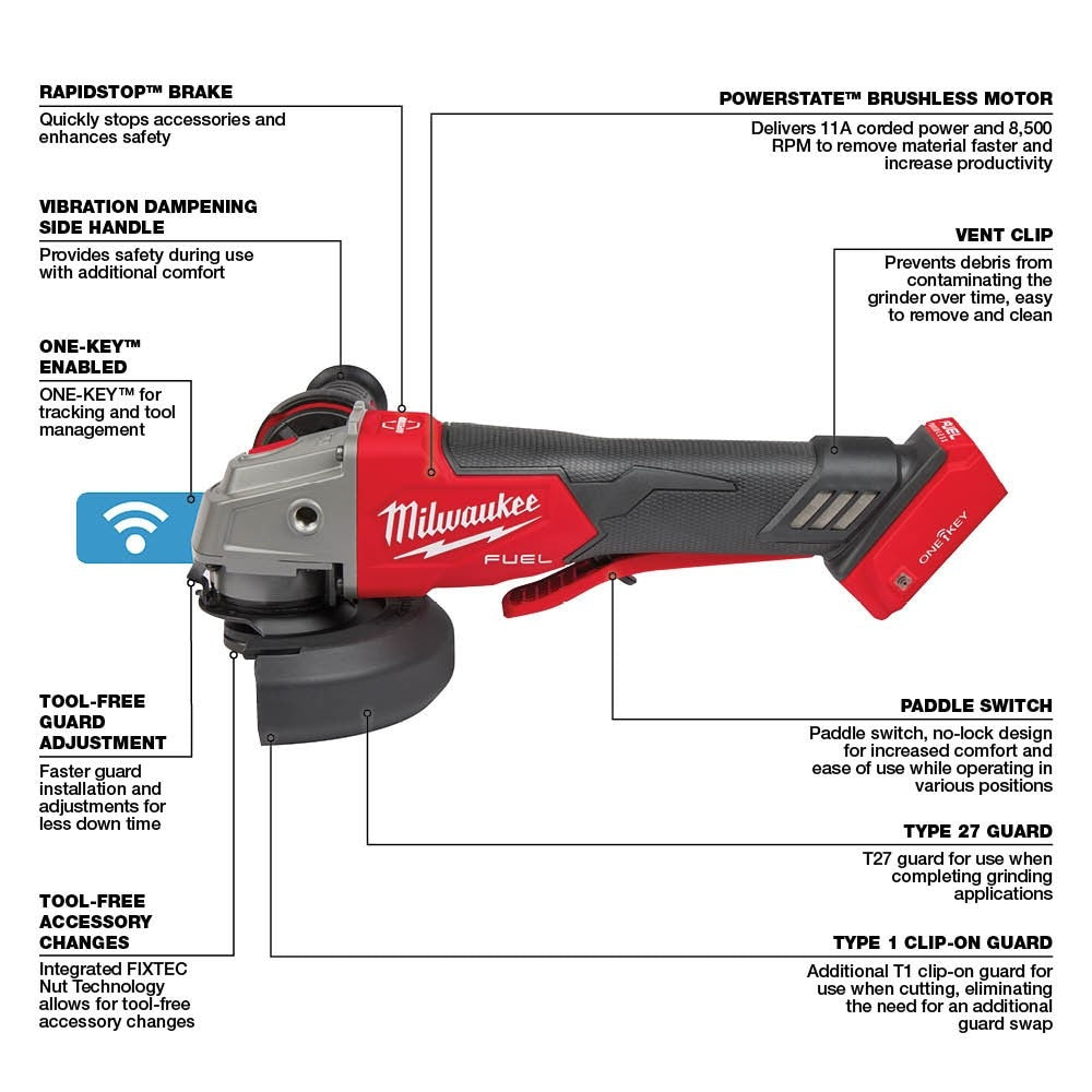 Milwaukee 2882-20 M18 FUEL™ 4-1/2" / 5" Braking Grinder w/ ONE-KEY™ Paddle Switch, No-Lock
