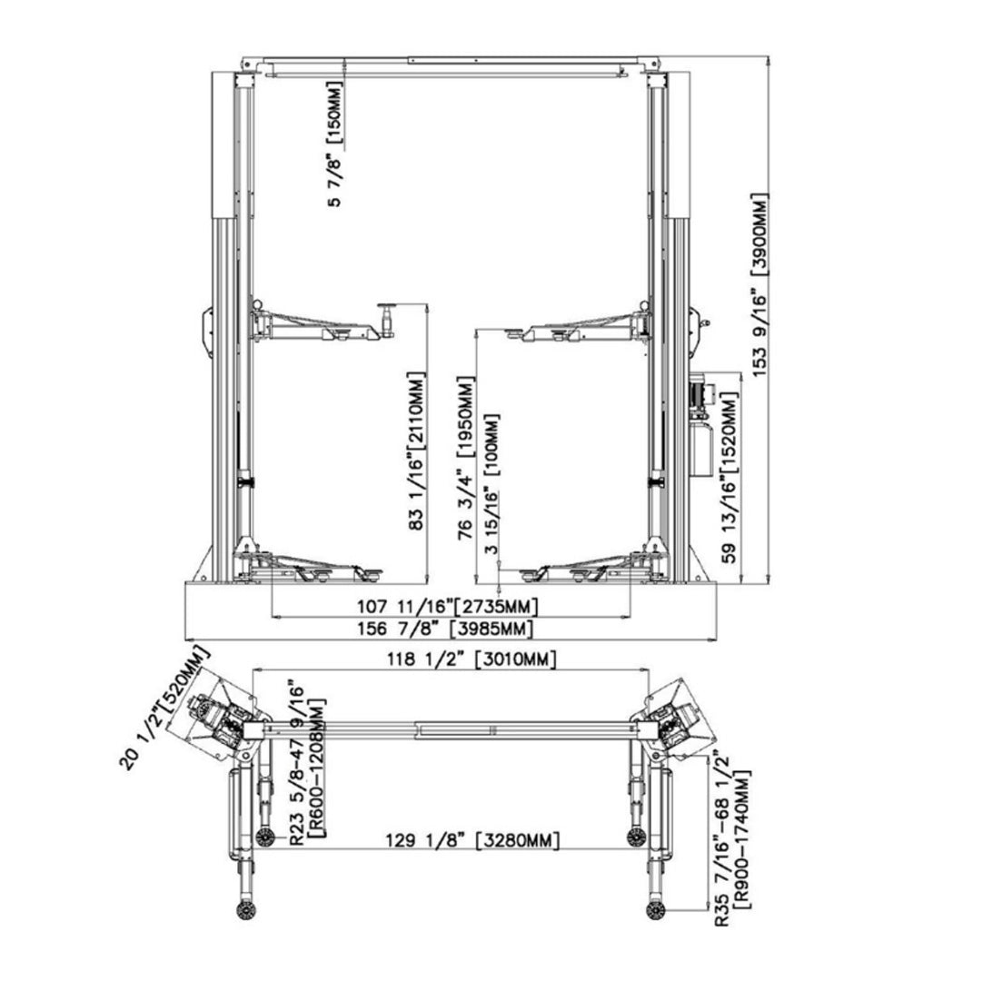Stratus X-Wide Asymmetric & Symmetric 10k lbs 2-Post Lift SAE-C10X