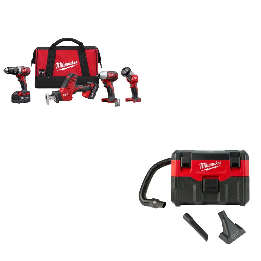 Milwaukee 2695-24 M18 4-Tool Combo Kit w/ Two FREE 0880-20 18V Wet/Dry Vacuums