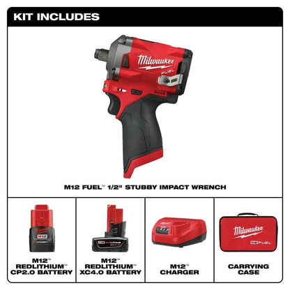 Milwaukee 2555-22 M12 FUEL Stubby 1/2" Impact Wrench Kit