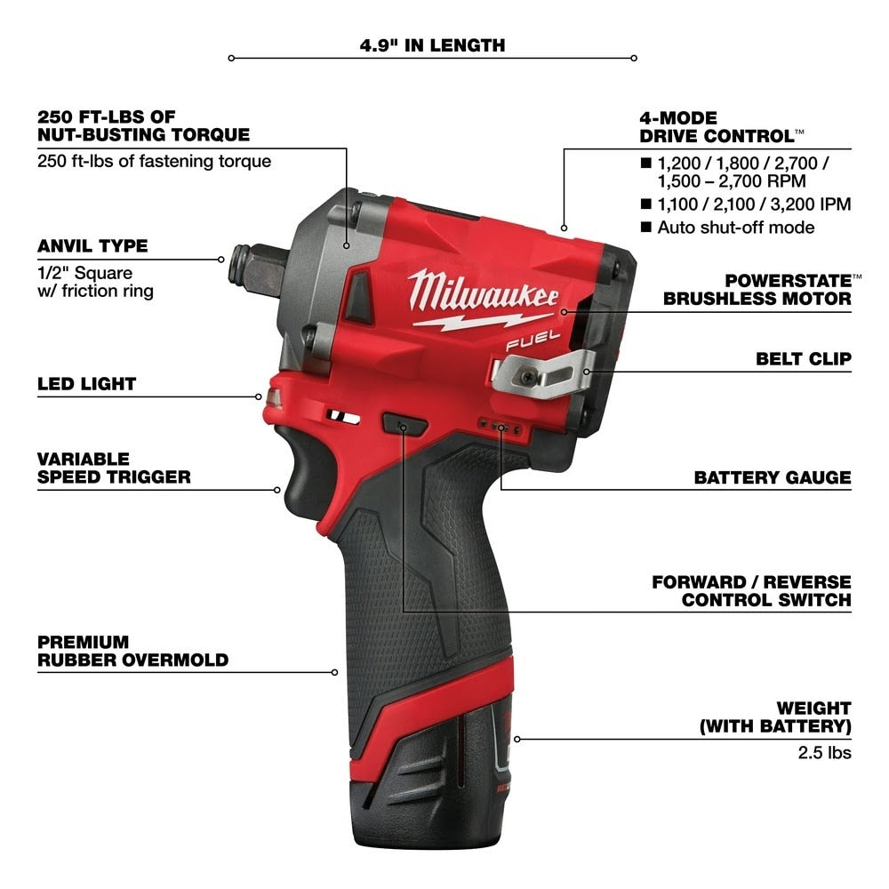 Milwaukee 2555-22 M12 FUEL Stubby 1/2" Impact Wrench Kit