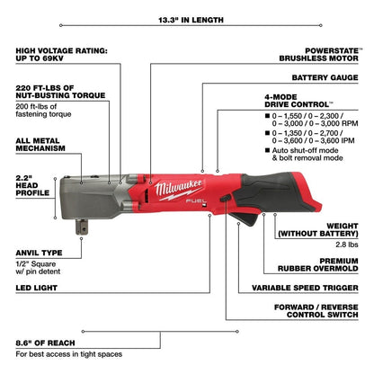 Milwaukee 2565P-20 M12 FUEL 1/2" Right Angle Impact Wrench w/ Pin Detent (Bare Tool)