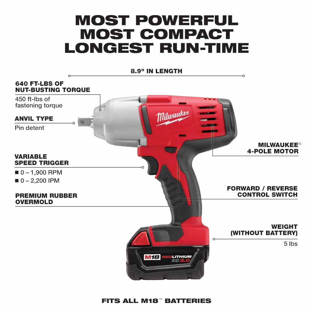 Milwaukee 2662-22 M18 1/2" High Torque Impact Wrench with Pin Detent Kit