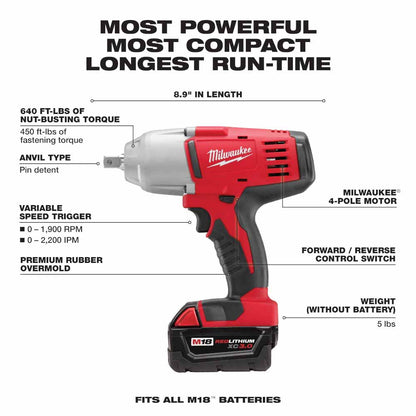 Milwaukee 2662-22 M18 1/2" High Torque Impact Wrench with Pin Detent Kit