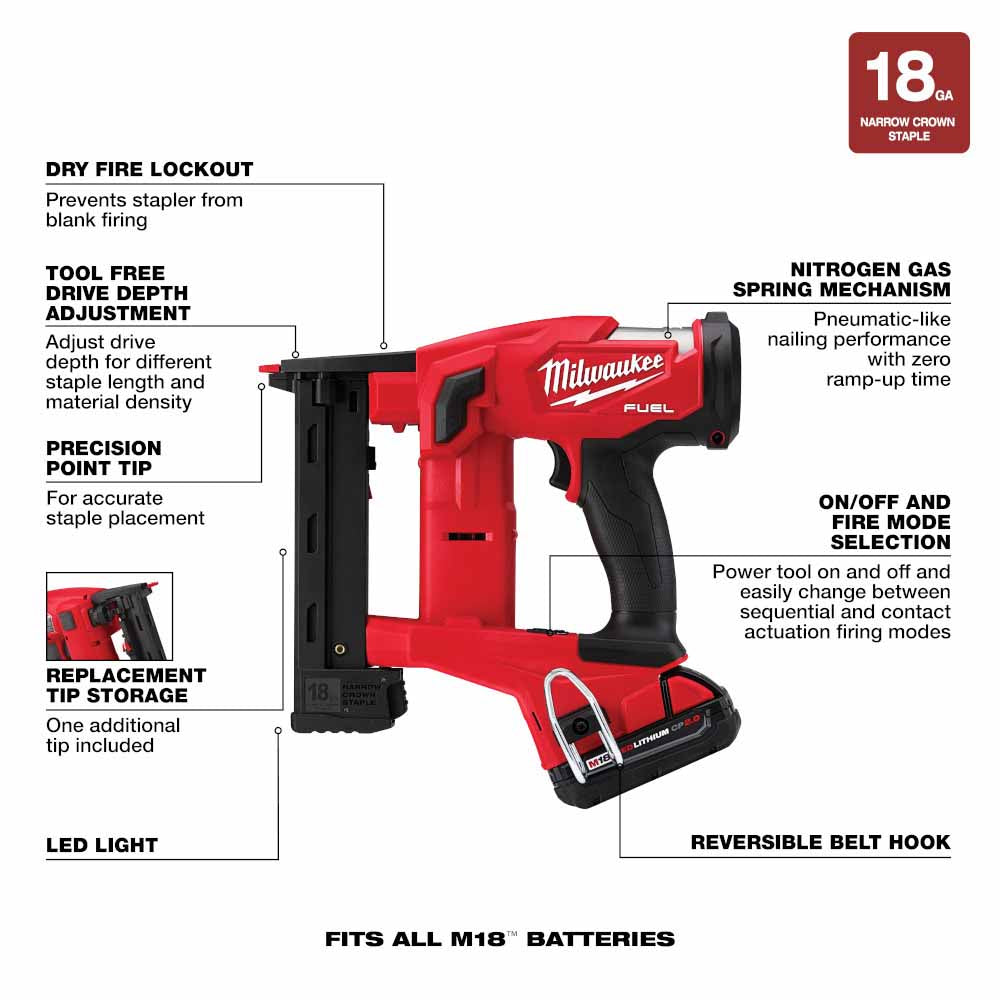 Milwaukee 2749-21CT M18 FUEL 18GA 1/4" NARROW CROWN STAPLER- 1 Battery CP2.0 Kit
