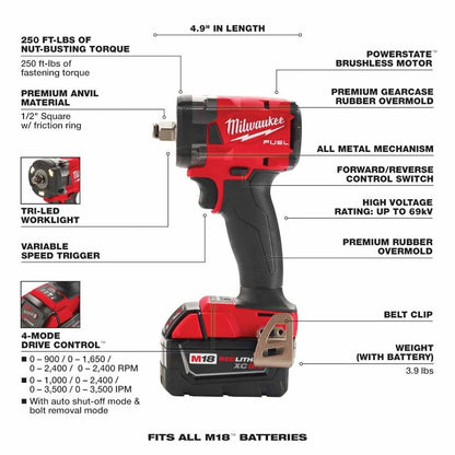 Milwaukee 2855-22 M18 FUEL™ 1/2" Compact Impact Wrench w/ Friction Ring Kit