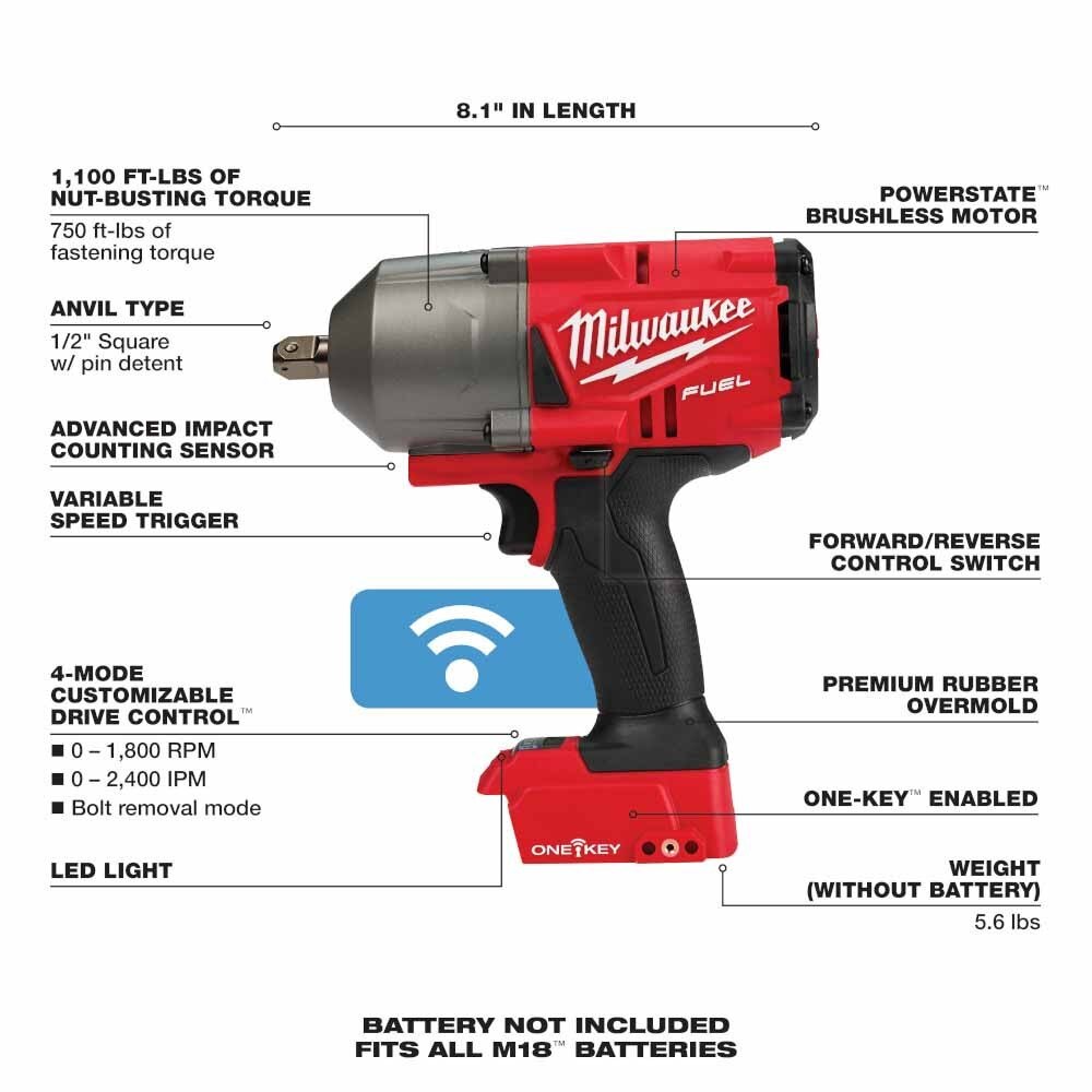Milwaukee 2862-20 M18 FUEL ONE-KEY High Torque Impact Wrench 1/2" Pin Detent Bare