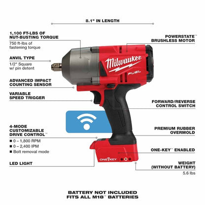 Milwaukee 2862-20 M18 FUEL ONE-KEY High Torque Impact Wrench 1/2" Pin Detent Bare