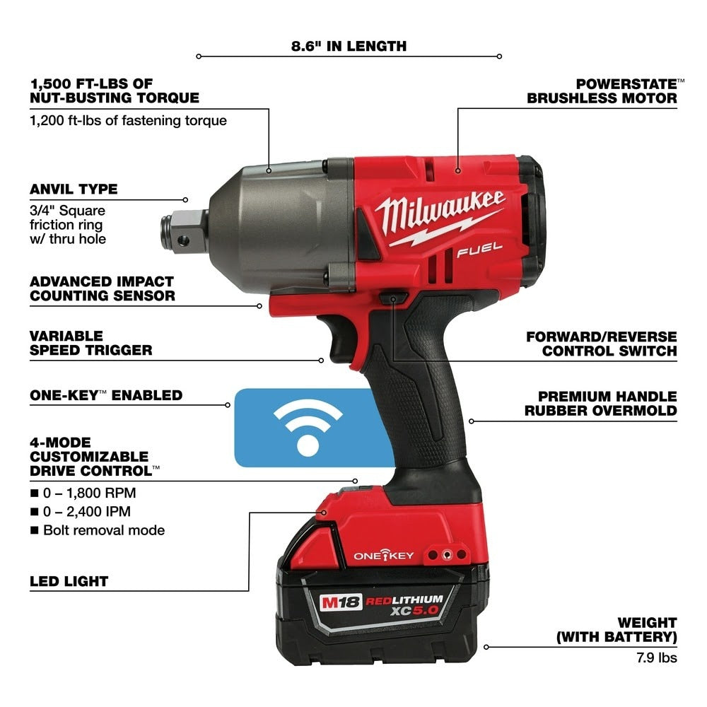 Milwaukee 2864-22 M18 FUEL ONE-KEY High Torque Impact Wrench 3/4" Friction Ring Kit
