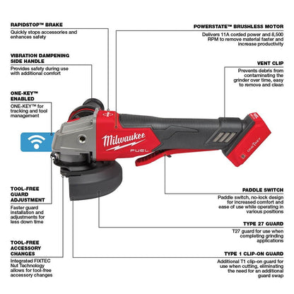 Milwaukee 2882-20 M18 FUEL™ 4-1/2" / 5" Braking Grinder w/ ONE-KEY™  Paddle Switch, No-Lock