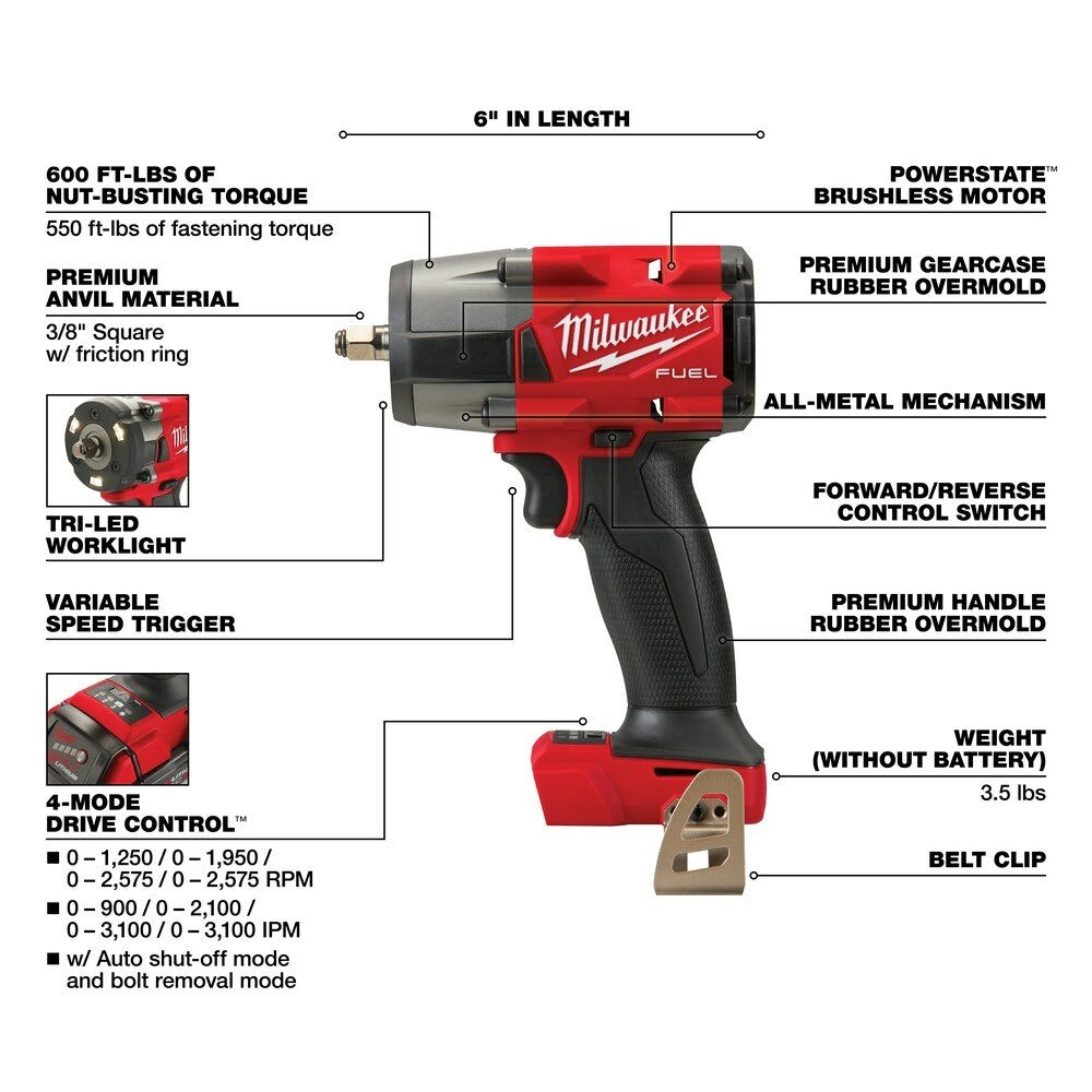 Milwaukee  2960-20  "M18 FUEL™ 3/8 " Mid-Torque Impact Wrench w/ Friction Ring Bare Tool "