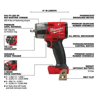 Milwaukee  2960-20  "M18 FUEL™ 3/8 " Mid-Torque Impact Wrench w/ Friction Ring Bare Tool "
