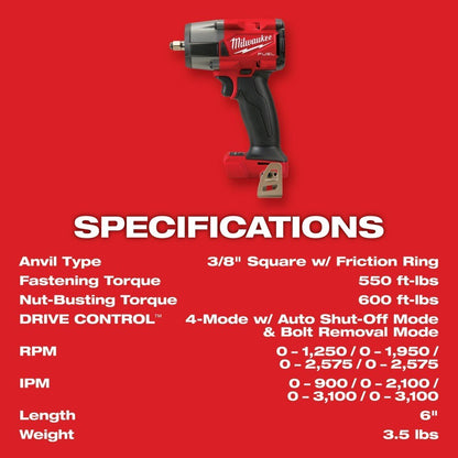 Milwaukee  2960-20  "M18 FUEL™ 3/8 " Mid-Torque Impact Wrench w/ Friction Ring Bare Tool "