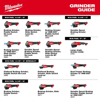 Milwaukee 3672-20 M18 FUEL 4-1/2"-6" Variable Speed Braking Grinder, Paddle Switch w/ ONE-KEY