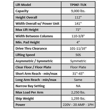 Tuxedo TP9KF-TUX 9,000 lb Two Post Floor Plate - Symmetric