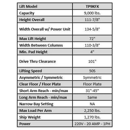 Tuxedo TP9KFX 9,000 lb Two Post Floor Plate - Symmetric