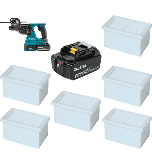 Makita XRH011TWX 1" Rotary Hammer Kit W/ FREE BL1850B Battery and FREE 197556-3 HEPA Filter, 6 Pack