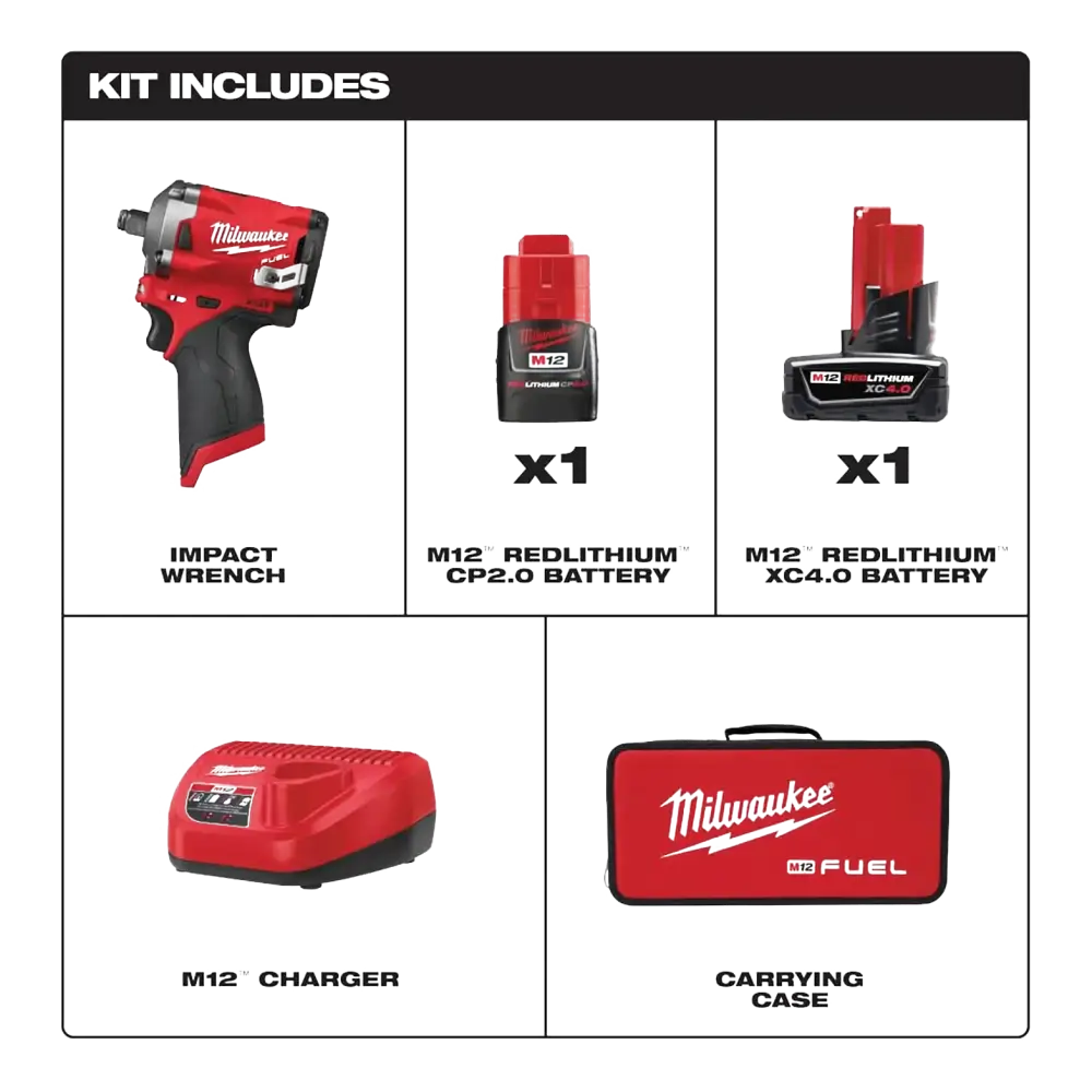 Milwaukee M12 Fuel 1/2" Dr Cordless Stubby Impact Wrench Kit, 250 Ft/Lb, 2 Bat. - 2555-22