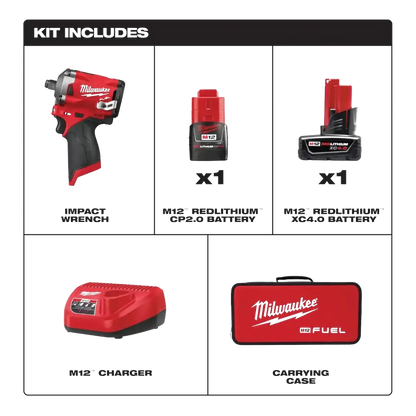 Milwaukee M12 Fuel 1/2" Dr Cordless Stubby Impact Wrench Kit, 250 Ft/Lb, 2 Bat. - 2555-22