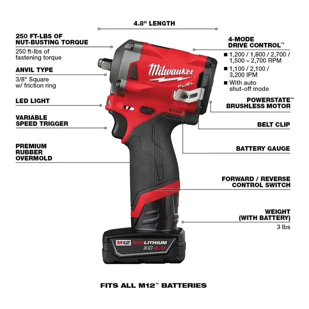 Milwaukee M12 Fuel 1/2" Dr Cordless Stubby Impact Wrench Kit, 250 Ft/Lb, 2 Bat. - 2555-22