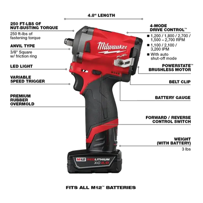 Milwaukee M12 Fuel 1/2" Dr Cordless Stubby Impact Wrench Kit, 250 Ft/Lb, 2 Bat. - 2555-22