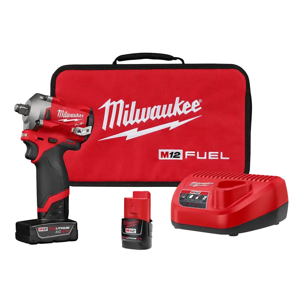 Milwaukee M12 Fuel 1/2" Dr Cordless Stubby Impact Wrench Kit, 250 Ft/Lb, 2 Bat. - 2555-22