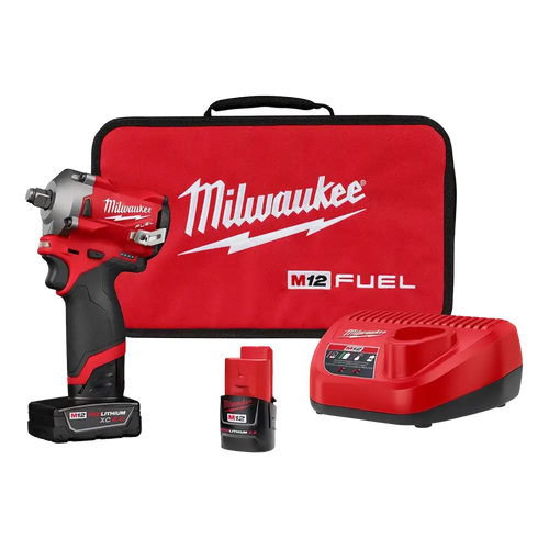 Milwaukee M12 Fuel 1/2" Dr Cordless Stubby Impact Wrench Kit, 250 Ft/Lb, 2 Bat. - 2555-22