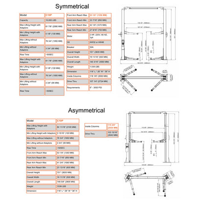 Stratus Pro Asymmetric & Symmetric 10k lbs 2-Post Lift SAE-C10P