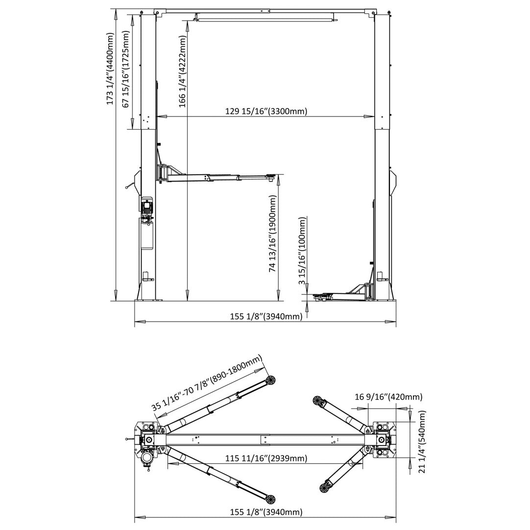Stratus Clear Floor 12k lbs Single Point Manual Release 2-Post Lift SAE-C12X